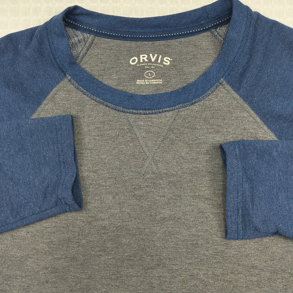 Orvis Mens Large Gray Blue Raglan Long Sleeve Crew Neck T-Shirt 1225440 Stretch - Picture 3 of 11